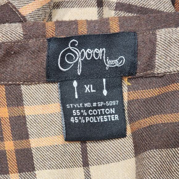 Spoon Jeans Plaid Flannel Button Up Shirt XL High Low Brown Plaid  Round Hem - Picture 2 of 5